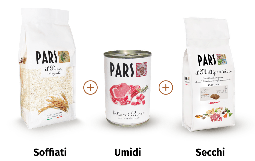 DietaPARS si compone di alimenti soffiati, umidi e secchi che mixati possono soddisfare le esigenze del tuo PET.